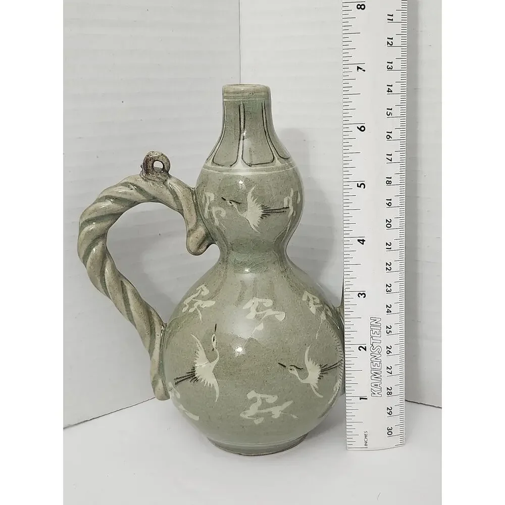 Vintage Korean Goryeo Style Celadon Ewer Crane Double Gourd Teapot Pitcher